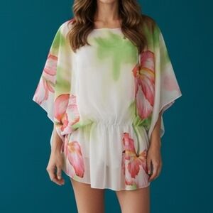 Vtg LE MODA Sheer Tropical Floral Peplum Cover-up Chiffon Dolman Sleeve Tiki Top